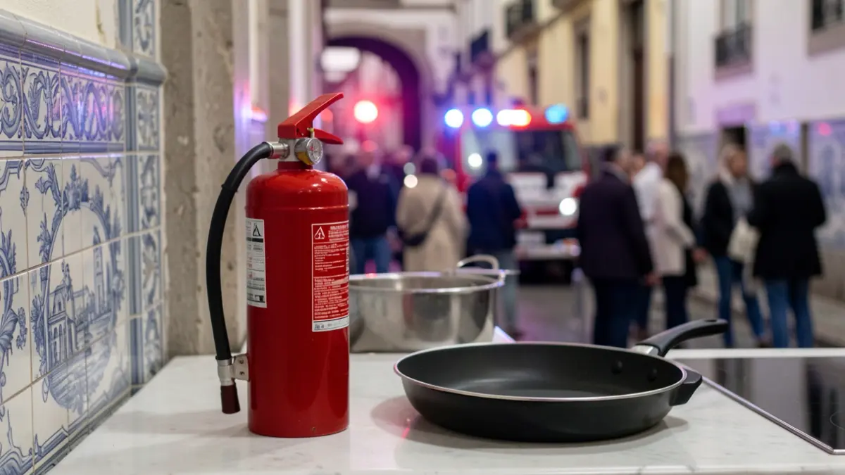 Generic image of a fire extinguisher and a frying pan on a kitchen counter, with blurred emergency lights in the background.