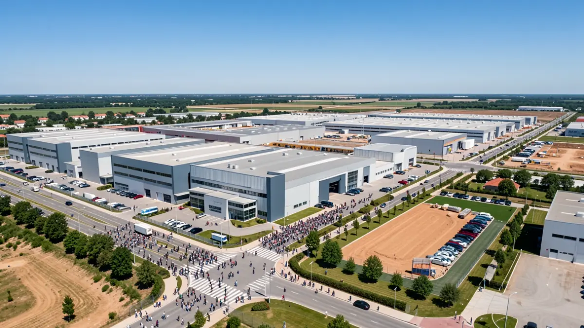 Imagem genérica de uma área industrial em expansão com edifícios modernos e estradas, sob um céu azul.