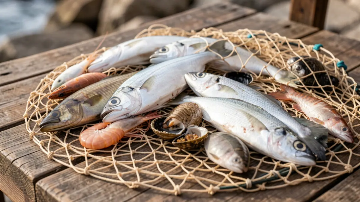 Generic image of a fishing net with seafood and fish on rustic wood.