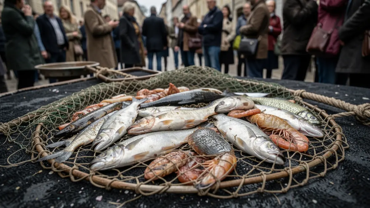 Generic image of a fishing net with fish and seafood.