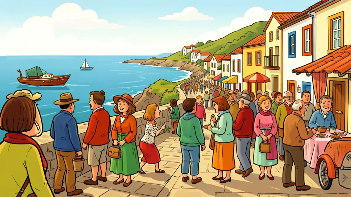 Ilustração vibrante que retrata o quotidiano e o humor açoriano, com elementos da identidade insular.