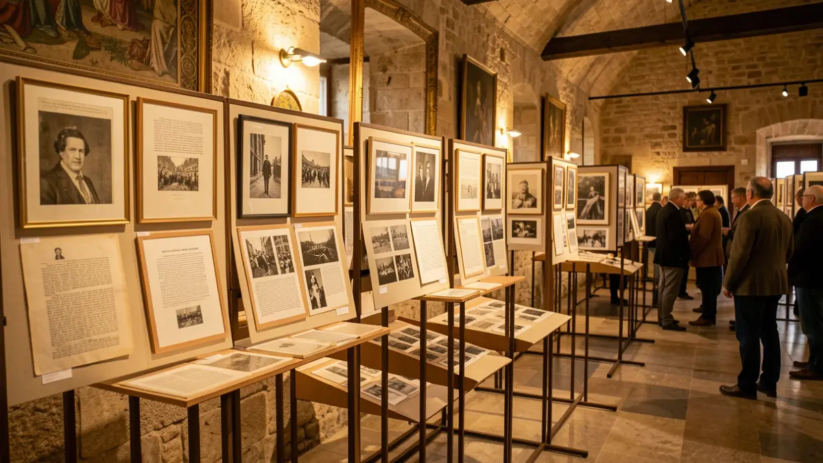 Generic image of an exhibition with old newspaper pages and framed photographs in a Portuguese cultural center.