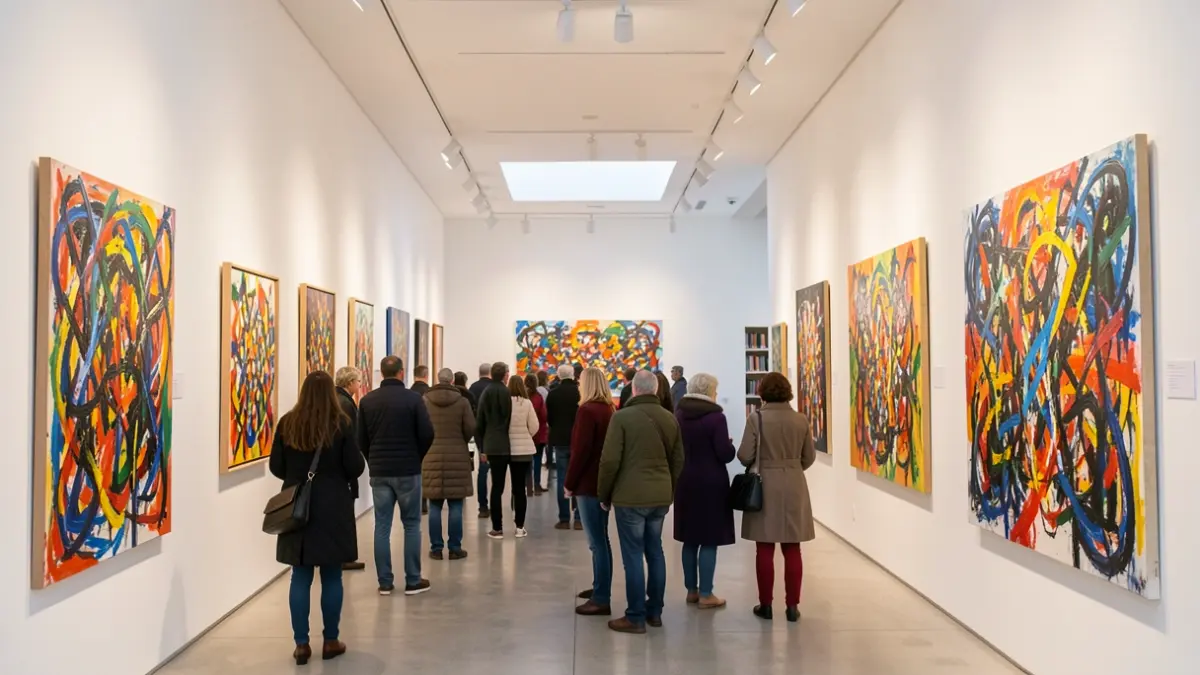 Exhibition of abstract art with vibrant colors in a Portuguese municipal library.