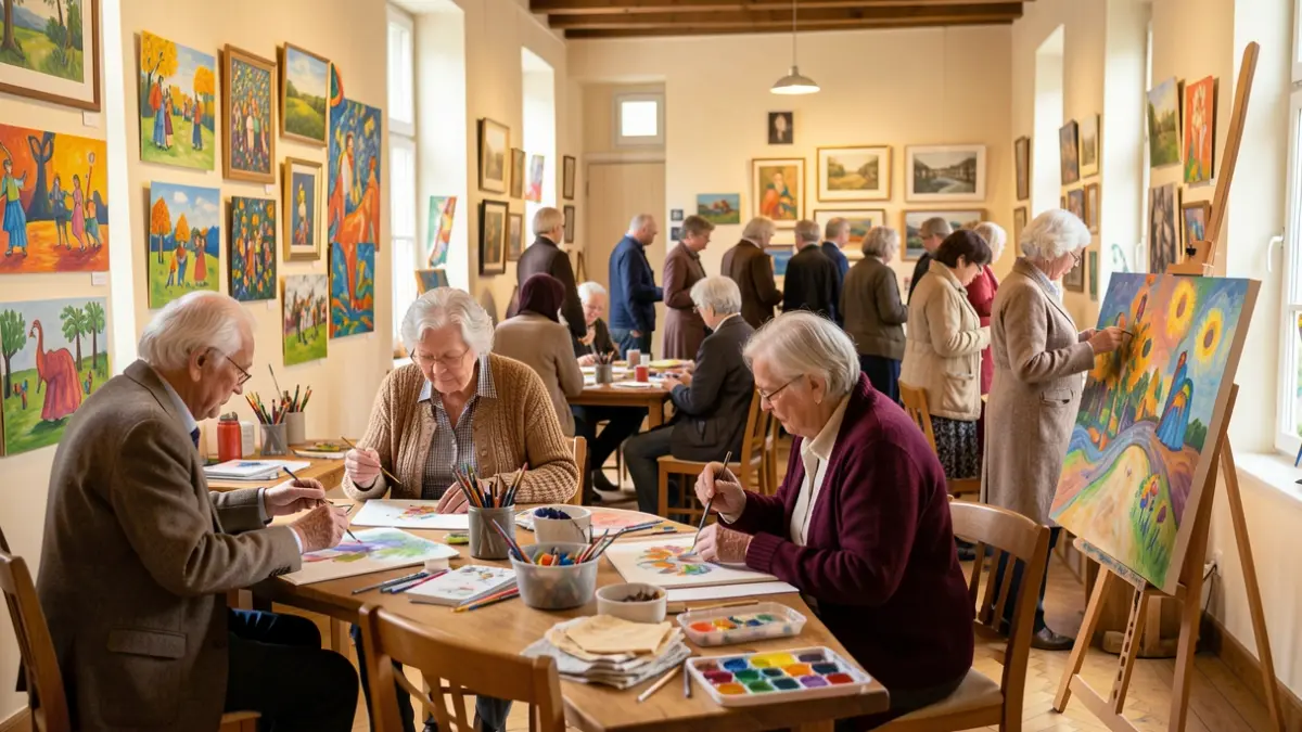 Imagen de personas mayores participando en actividades creativas en un centro cultural, con obras de arte coloridas expuestas.
