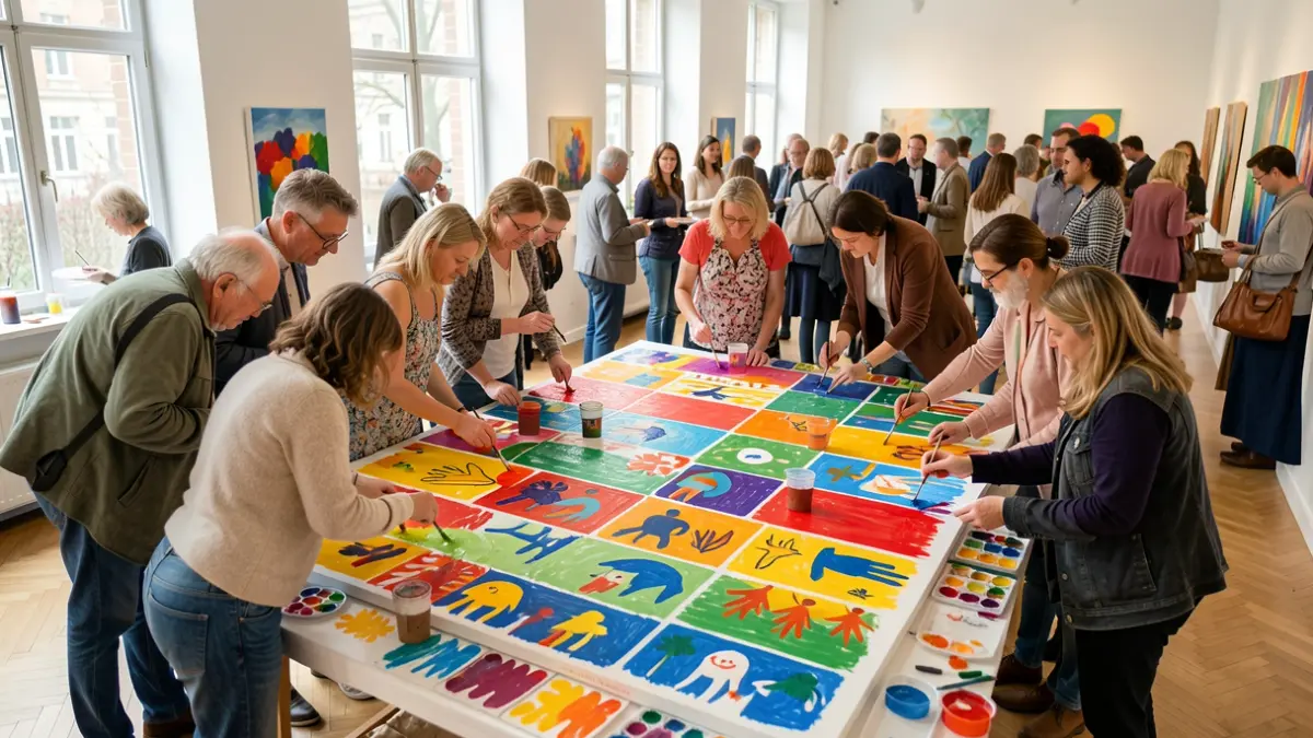 Generic image of a diverse group of people painting together on a large canvas with vibrant colors, representing equality and inclusion.