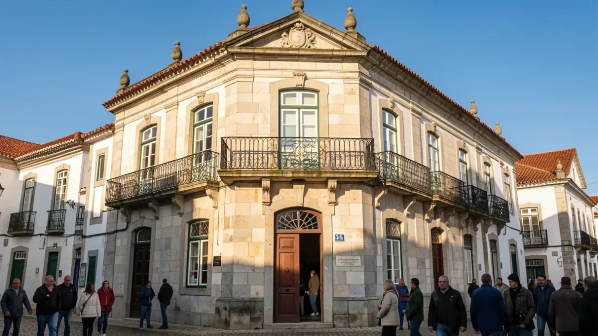Facade of a stone Municipal House of Culture with an ornate balcony and afternoon sunlight.