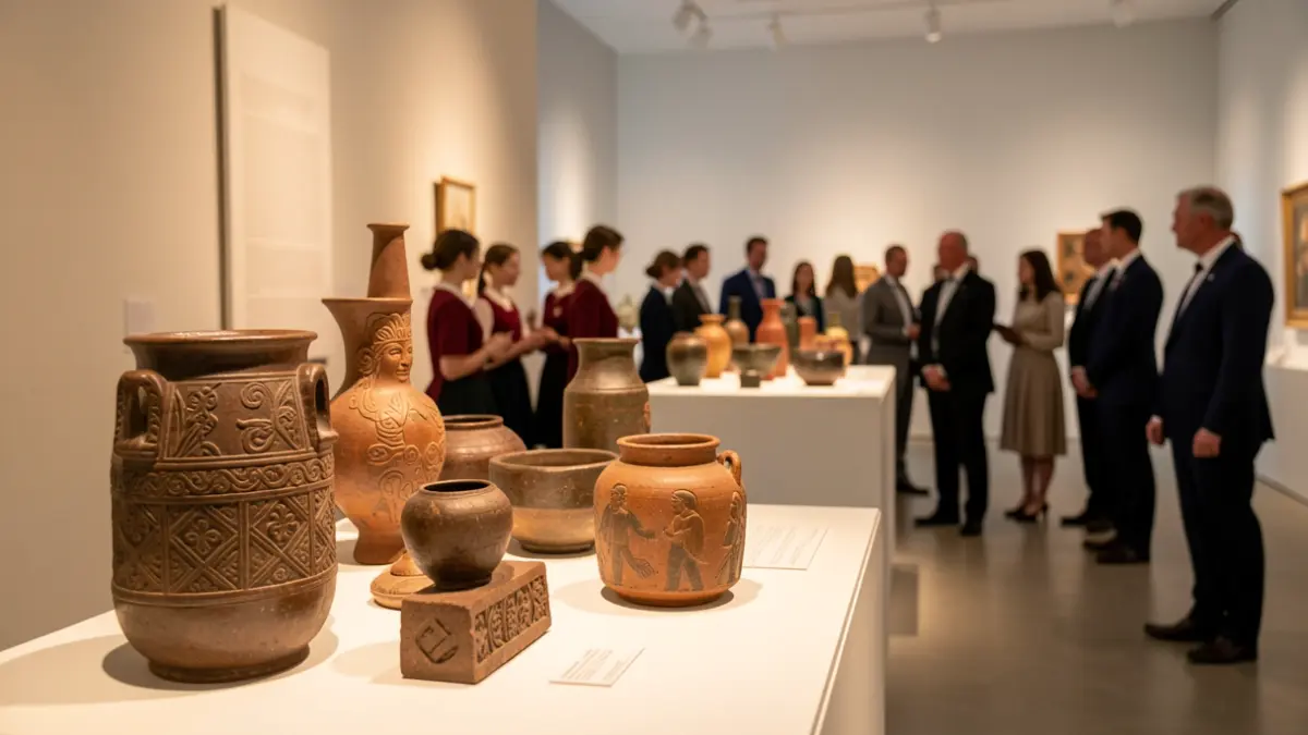 Exposição de património cultural imaterial com artefactos tradicionais e figuras em segundo plano.
