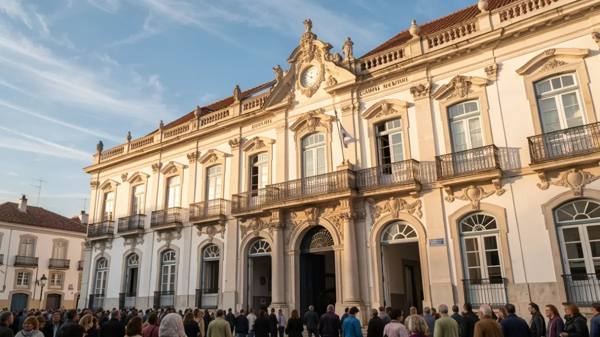 Fachada do edifício dos Paços do Concelho de Caminha com detalhes arquitetónicos ornamentados, luz solar quente da tarde a projetar sombras suaves, céu azul com algumas nuvens esparsas.