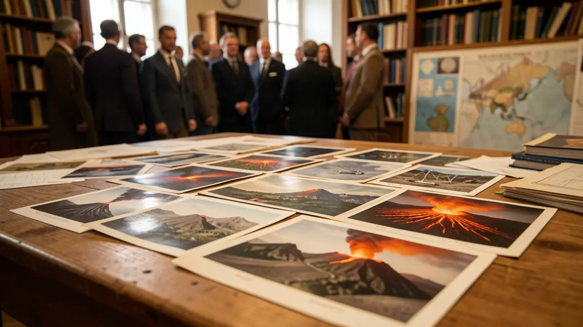 Fotografias antigas de erupções vulcânicas e diapositivos científicos relacionados com a investigação geográfica.