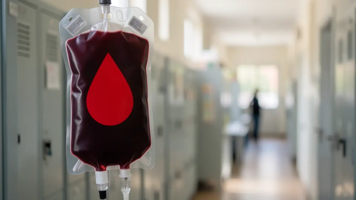 Generic image of a blood bag with a red drop symbol, in front of a blurred Portuguese school hallway.