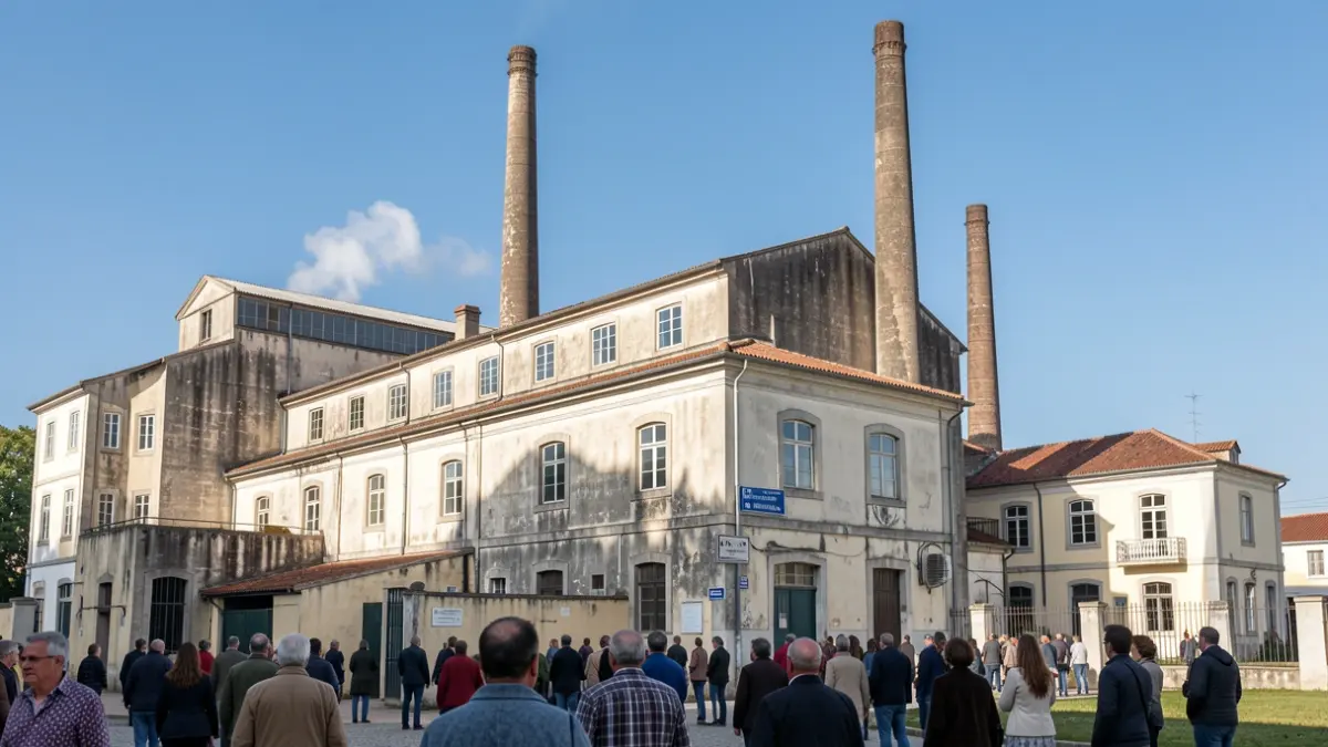Imagem genérica de uma fábrica de cimento histórica em Portugal, com elementos arquitetónicos tradicionais e céu azul.