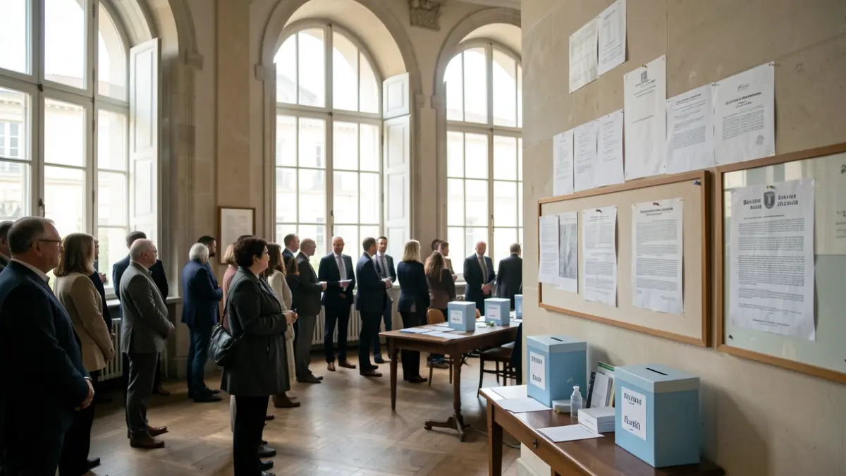 Imagen genérica de un interior de universidad portuguesa con urnas de voto y avisos oficiales.