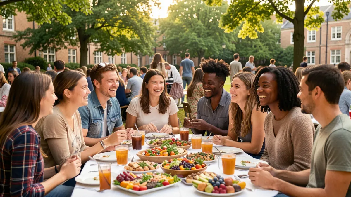 Imagen de jóvenes compartiendo comida en un picnic intercultural universitario.