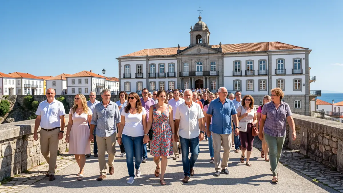 Image of a diverse group of people walking in Fafe, with the Town Hall building in the background.