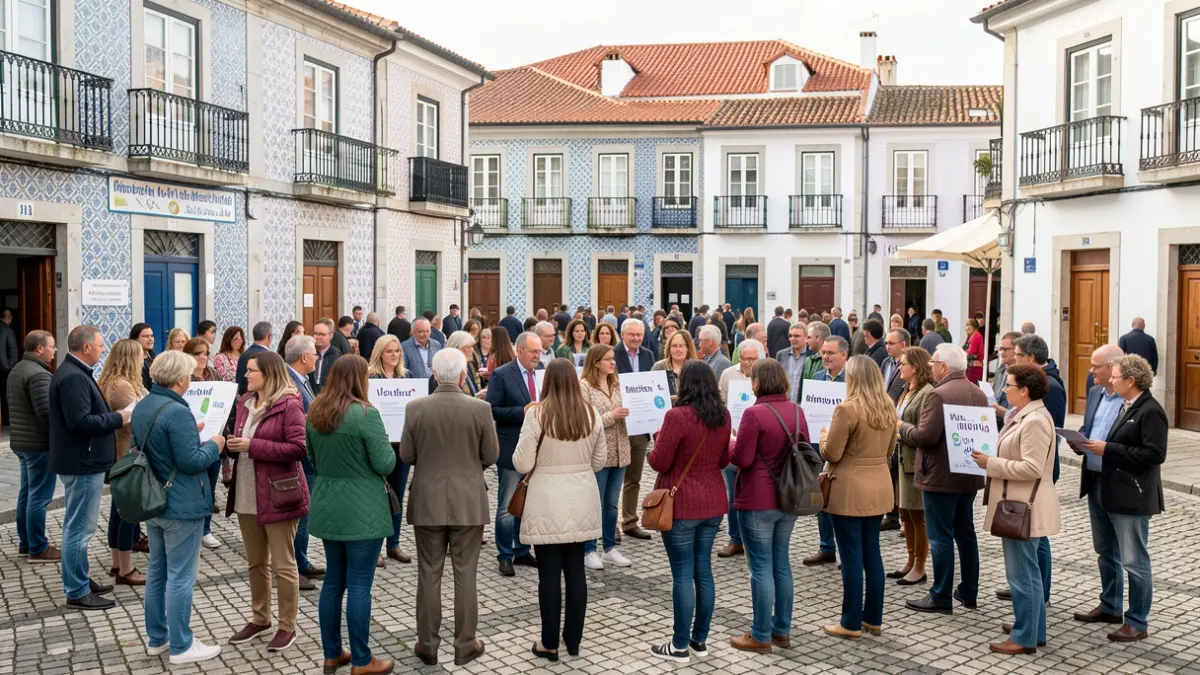 Imagen de un evento comunitario sobre salud mental en Fafe, con participantes y arquitectura portuguesa.