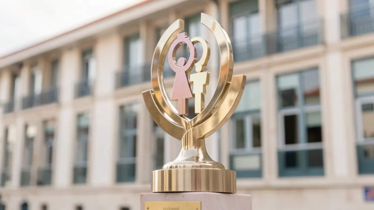 Generic image of a symbolic equality trophy on a table, with a blurred municipal building in the background.