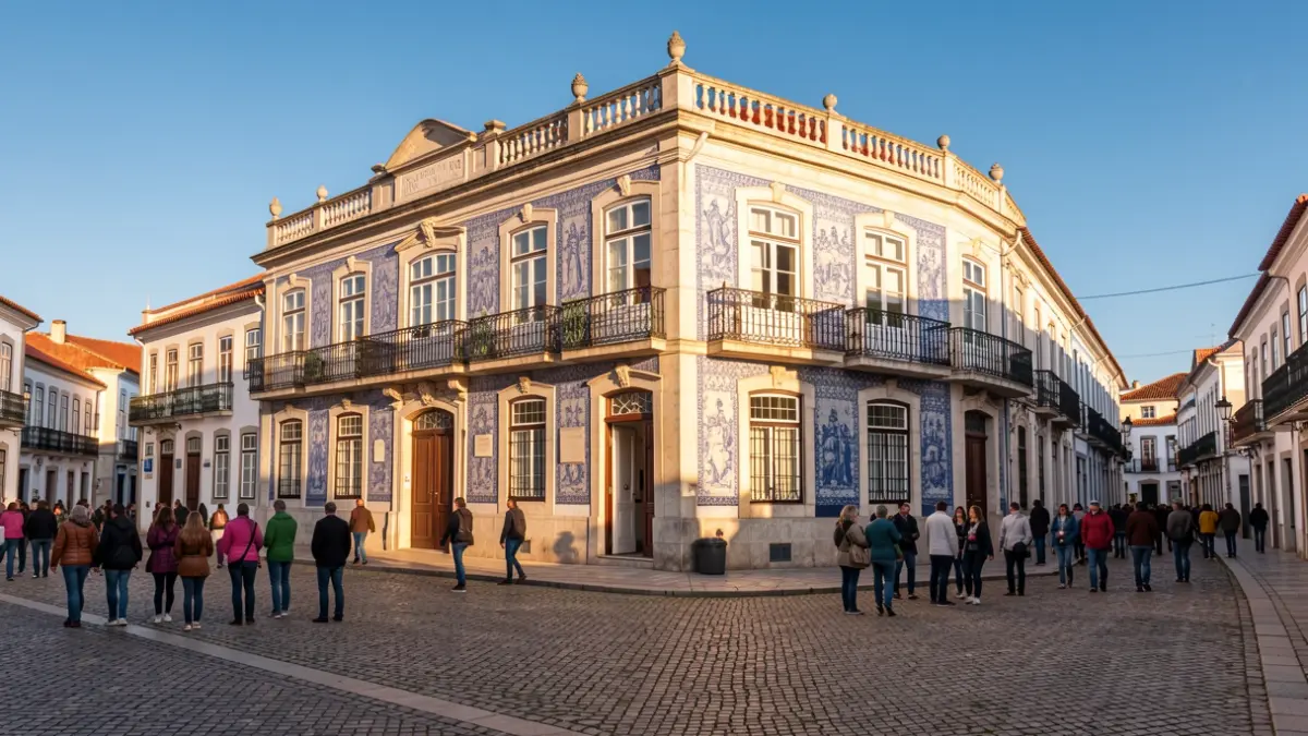Imagem genérica de um edifício da Câmara Municipal com arquitetura tradicional portuguesa, varandas ornamentadas e azulejos, sob luz solar de tarde.