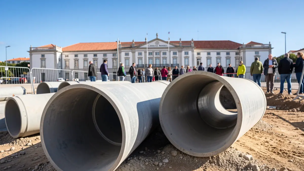 Imagem genérica de tubagens de drenagem a serem instaladas num estaleiro de obras em Faro, com o edifício da Câmara Municipal ao fundo.