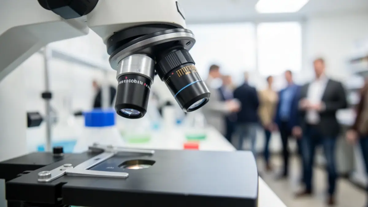 Imagem de um microscópio com equipamento de laboratório desfocado ao fundo, em Lisboa.