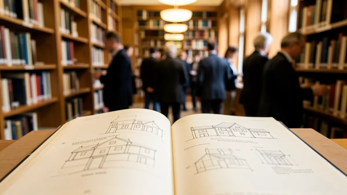 Imagen genérica de un libro abierto con bocetos arquitectónicos en una biblioteca universitaria.