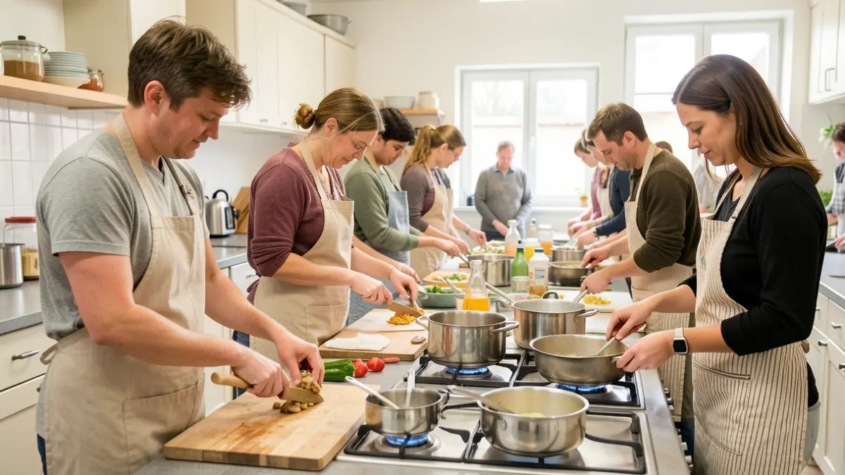Imagen genérica de voluntarios cocinando en un ambiente de cocina comunitaria.