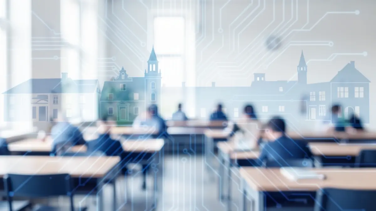 Generic image of abstract circuit patterns with blurred university building silhouettes, in blue and white tones.
