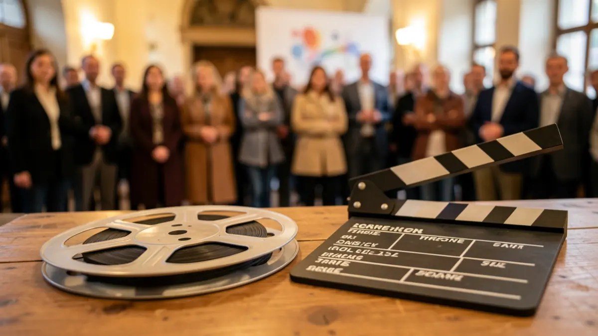Generic image of a film reel and clapperboard on a wooden table, with warm lighting.