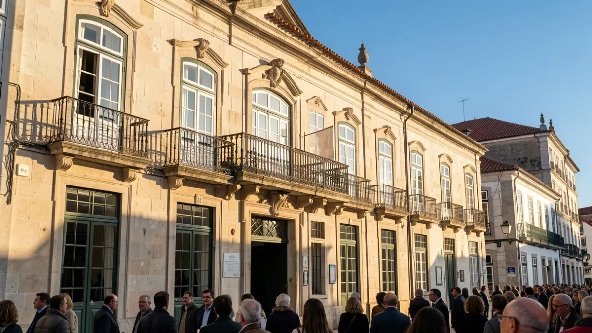Imagem genérica de uma fachada de edifício público português com varanda ornamentada, sob luz solar de fim de tarde.