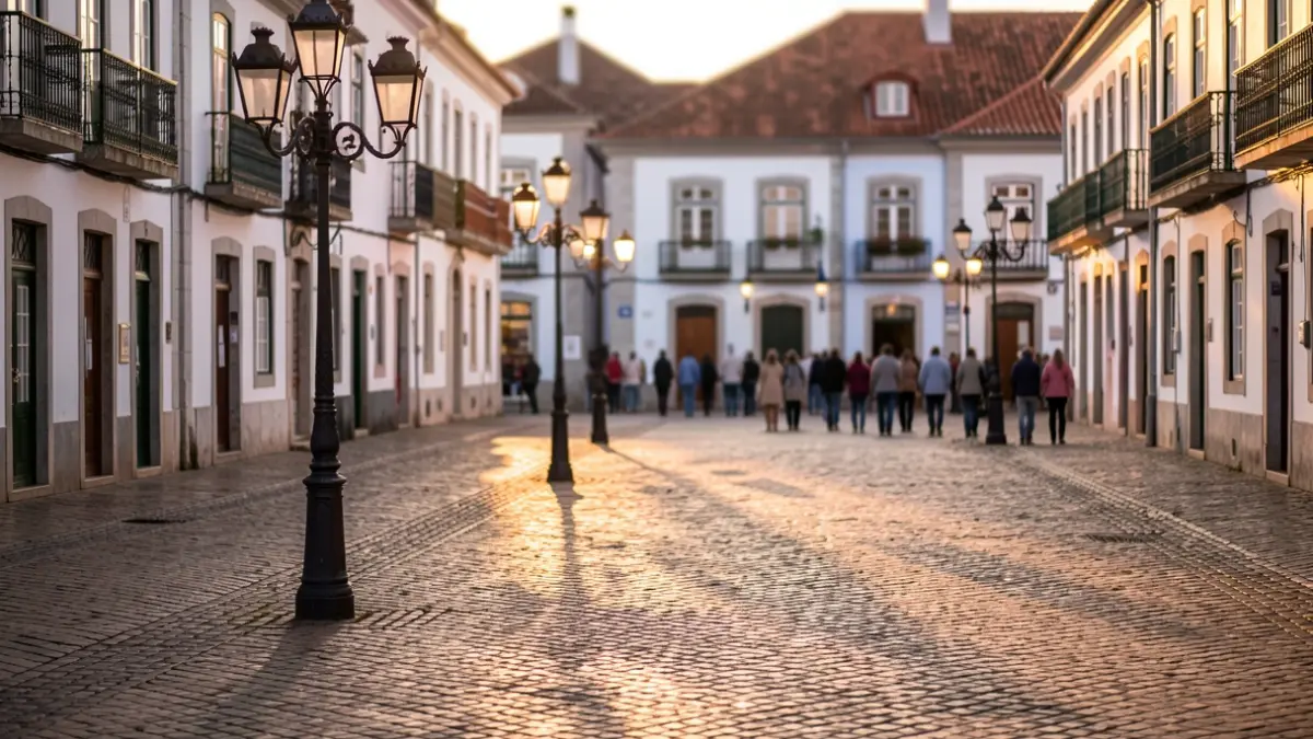 Generic image of a traditional Portuguese square with night lighting.