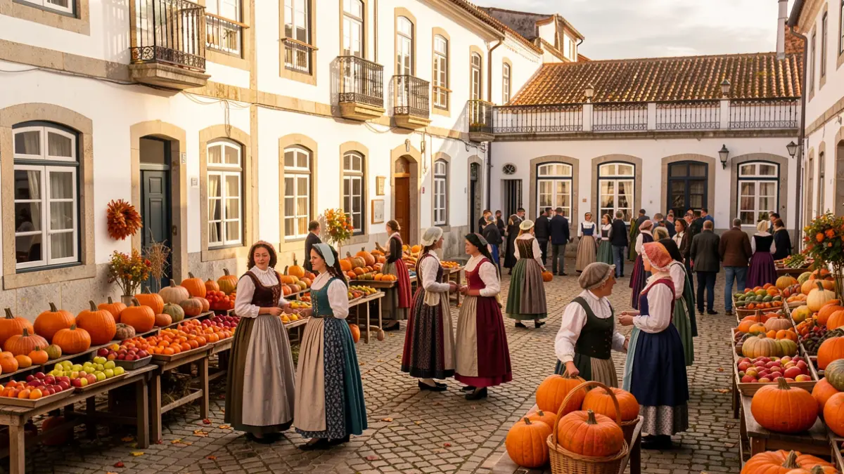Generic image of students in regional costumes at an autumn school fair with local produce.