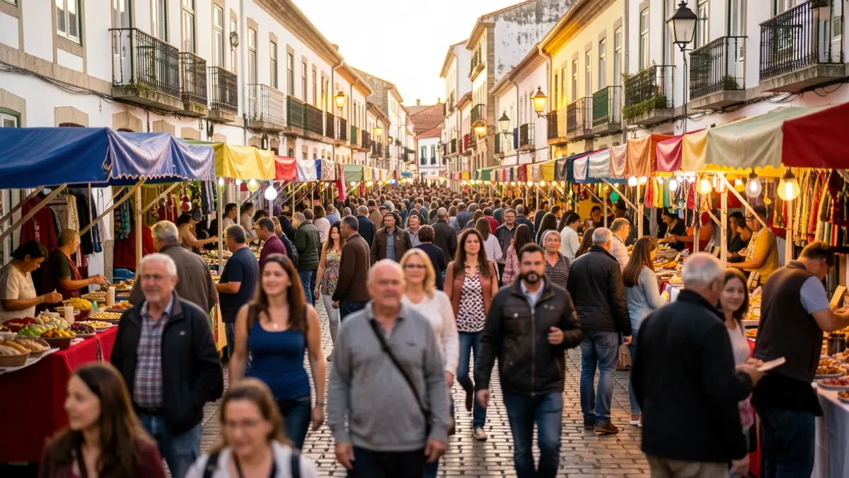 Imagen de una fiesta popular en Vieira do Minho con multitud y arquitectura tradicional.