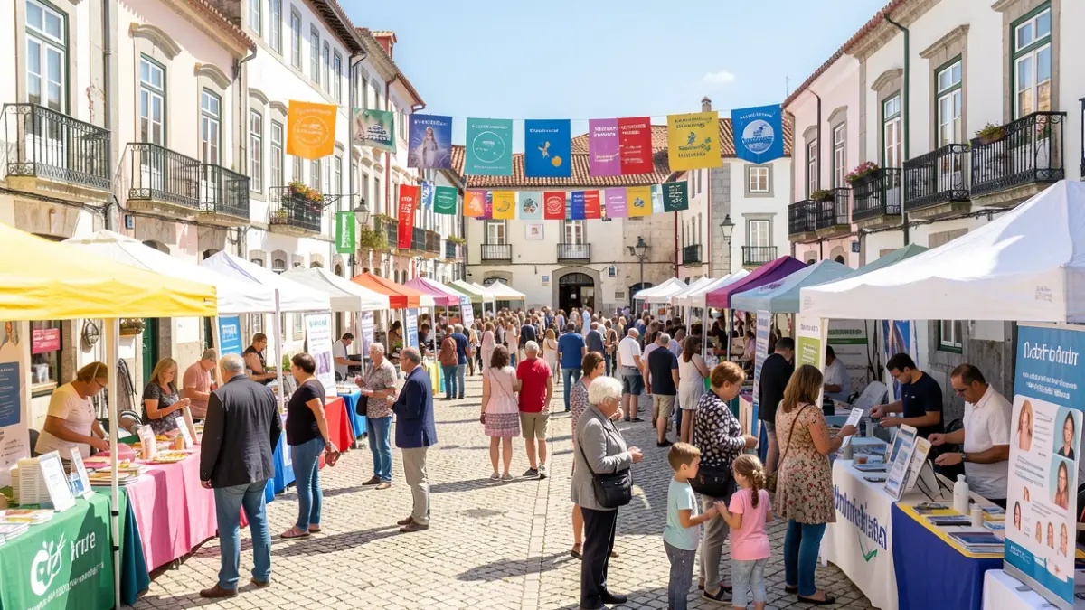 Generic image of a community health fair in Portugal, with people interacting at information stalls.