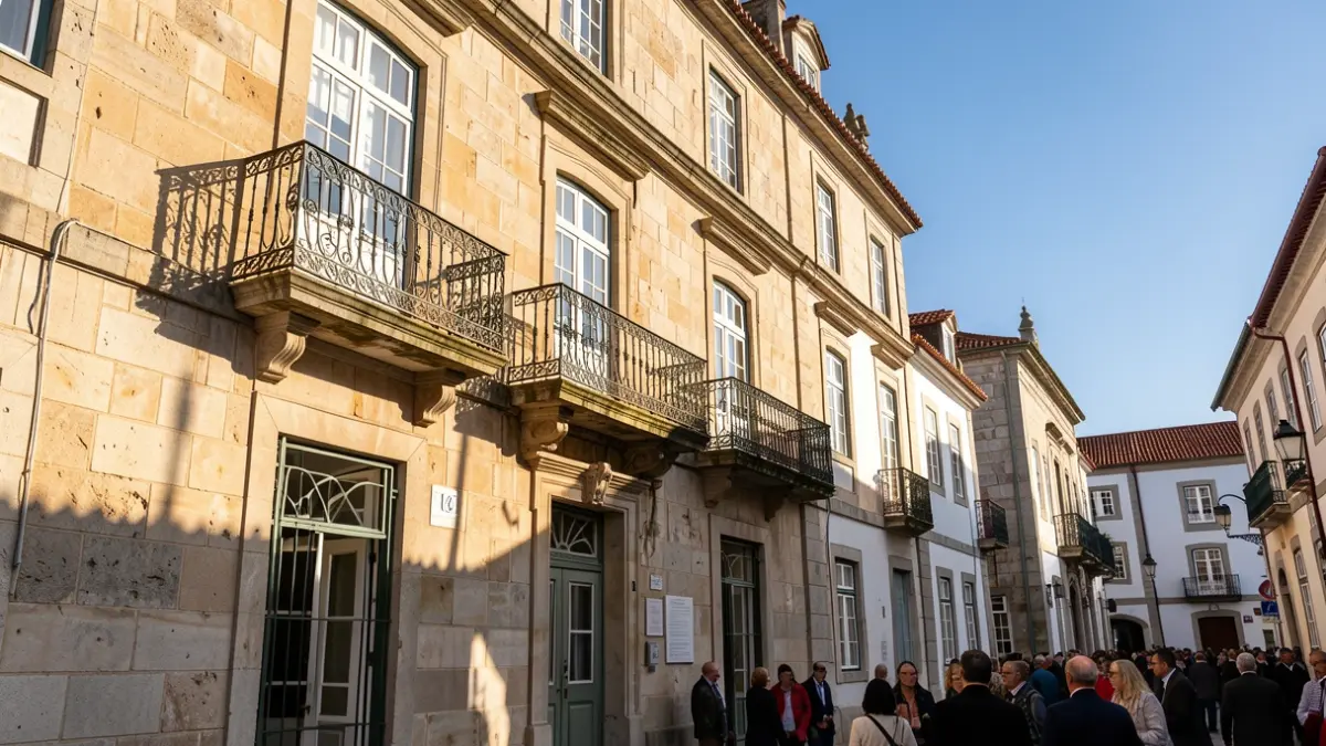 Fachada tradicional de piedra del Ayuntamiento de Sintra con balcón ornamentado y barandillas de hierro, cálida luz solar de la tarde proyectando sombras en las paredes de arenisca, cielo azul, estilo arquitectónico portugués.