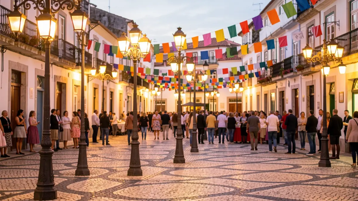 Imagen genérica de una plaza de festival en Portugal, con elementos decorativos y luces cálidas.