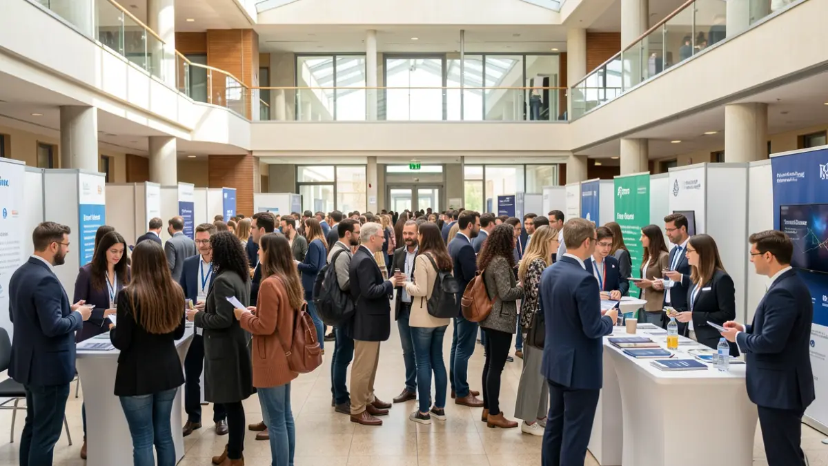 Ambiente de feria de empleo en una universidad portuguesa, con estudiantes interactuando con empresas.