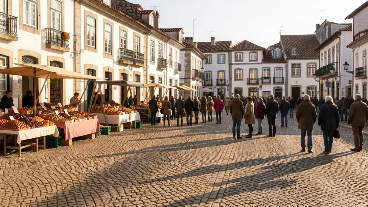 Imagem genérica de uma praça portuguesa com pavimento de calçada e edifícios históricos, luz solar de fim de tarde, bancas de mercado com produtos de outono.