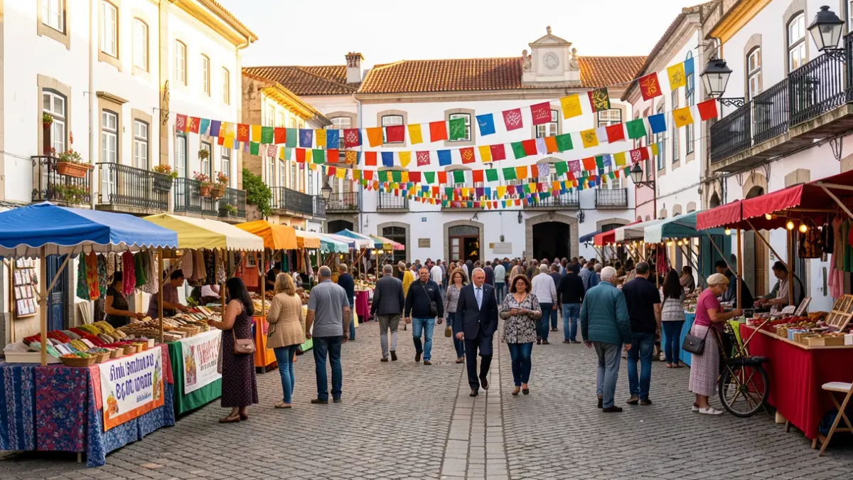 Imagen genérica de una plaza de feria tradicional portuguesa con puestos y gente celebrando.