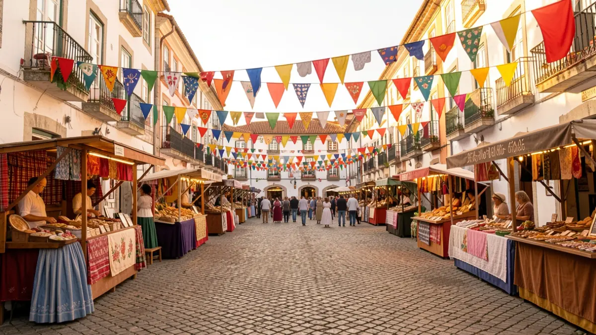 Generic image of a traditional Portuguese town square decorated for a festival, with stalls and colorful banners, afternoon light, cobblestone pavement.