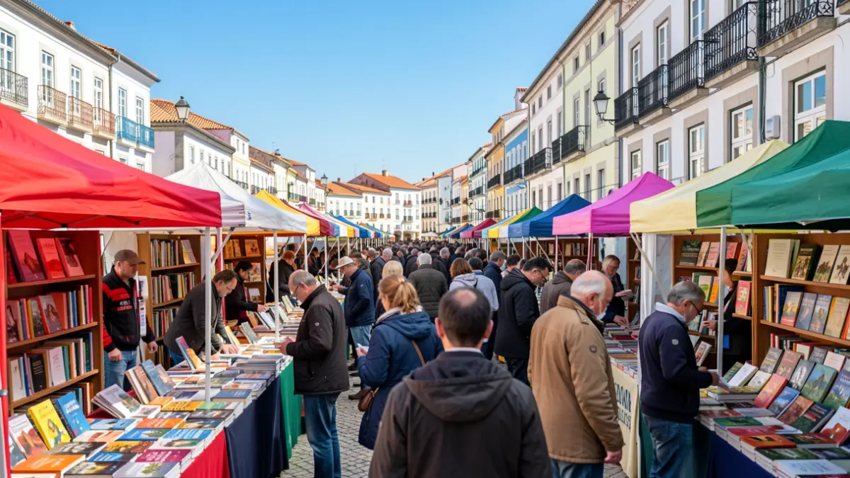 Image of an outdoor book fair in Espinho, with colorful stalls and people choosing books.