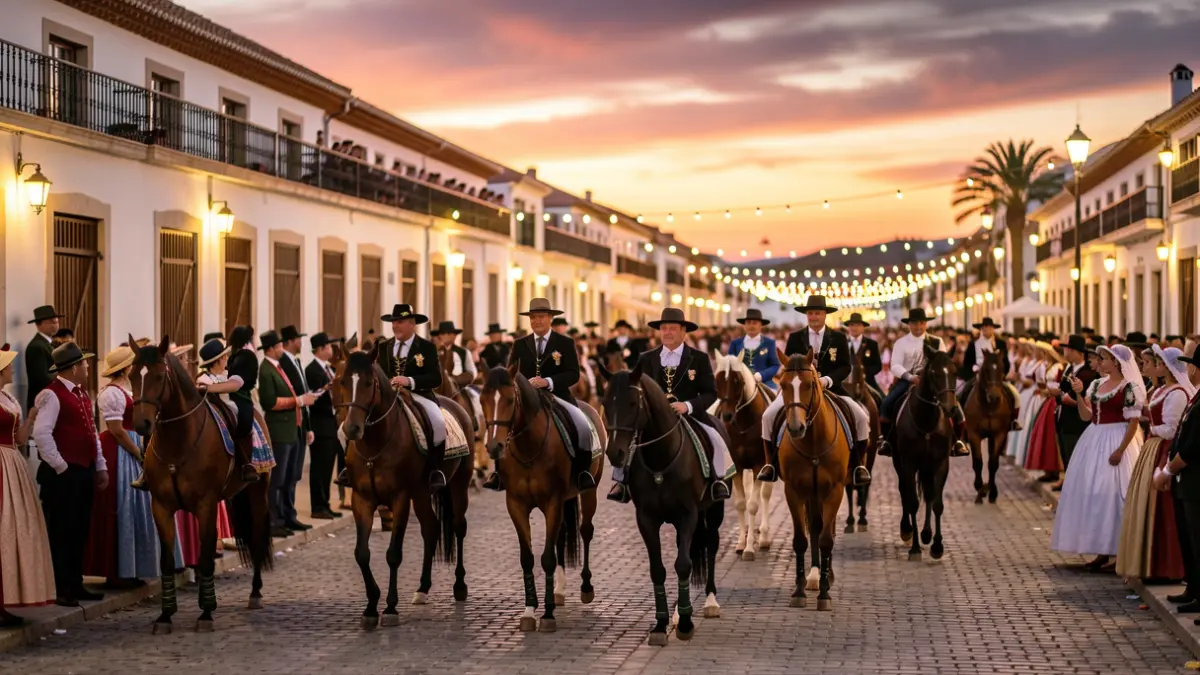Imagen de un evento ecuestre en Albufeira con desfile de caballerizas y trajes tradicionales portugueses.