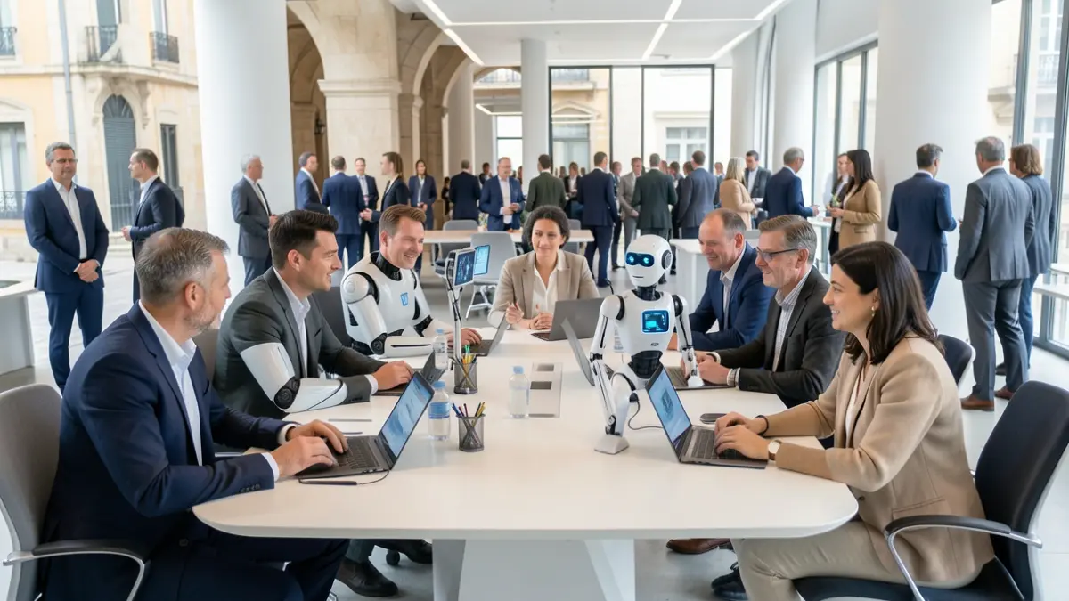 Imagem genérica de um grupo diversificado de profissionais, incluindo humanos e representações de IA e robôs, a colaborar num espaço de escritório moderno.