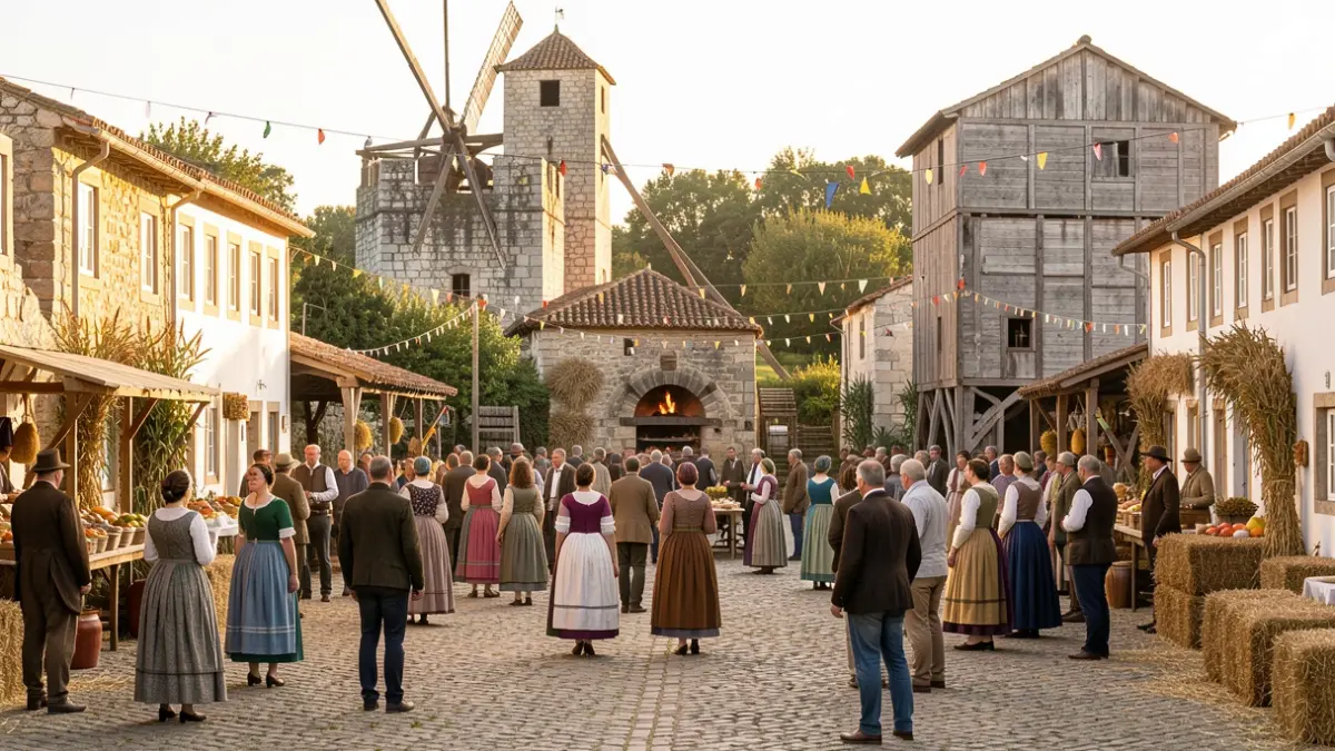 Generic image of a Portuguese village decorated for a harvest festival, with traditional rural elements visible.