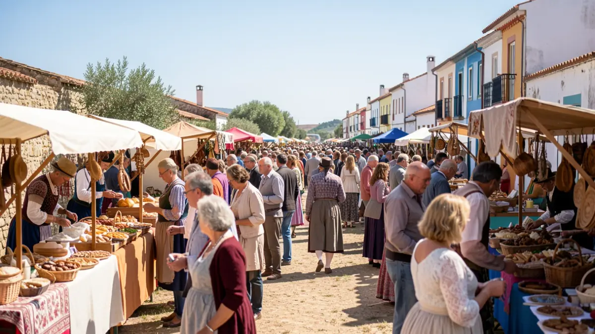 Imagem de uma festa popular em Vila Verde com multidão e barracas de artesanato.