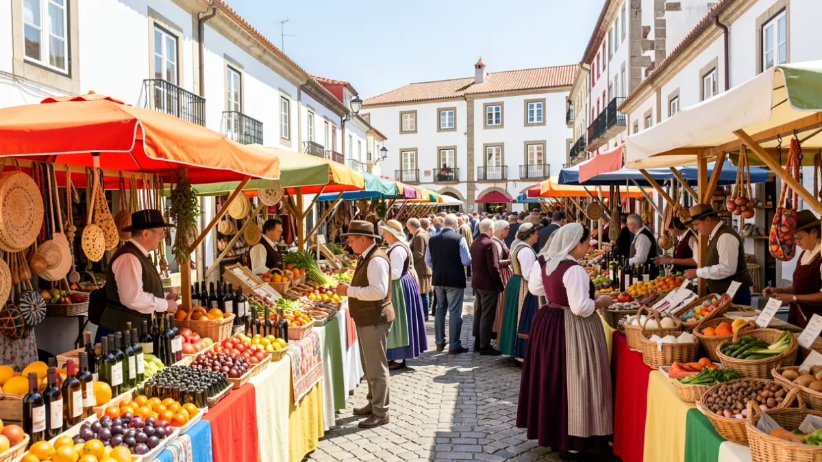 Imagen de una fiesta de la cosecha en Vila Verde, con productos locales y gente celebrando.