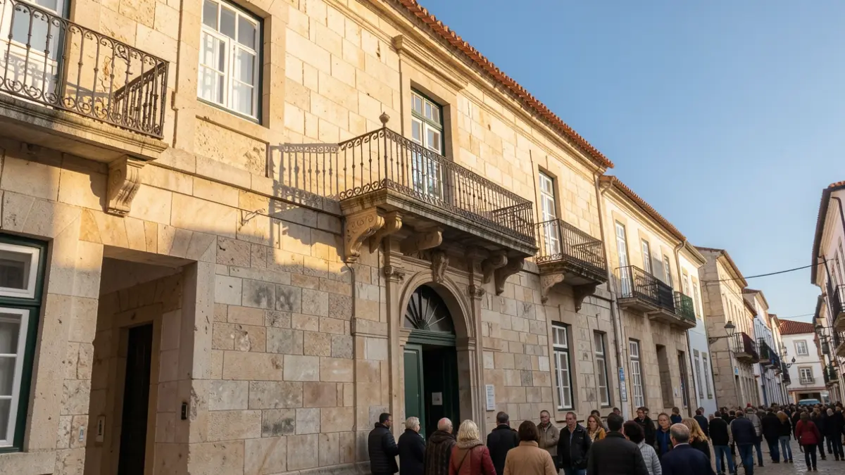 Imagem genérica de uma fachada de edifício municipal em pedra com varanda ornamentada, sob luz solar de tarde.