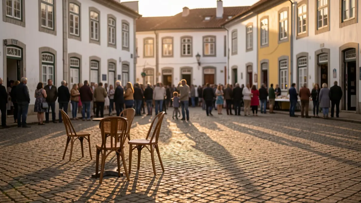 Generic image of a Portuguese square with cobblestone pavement, scattered chairs, and late afternoon light.