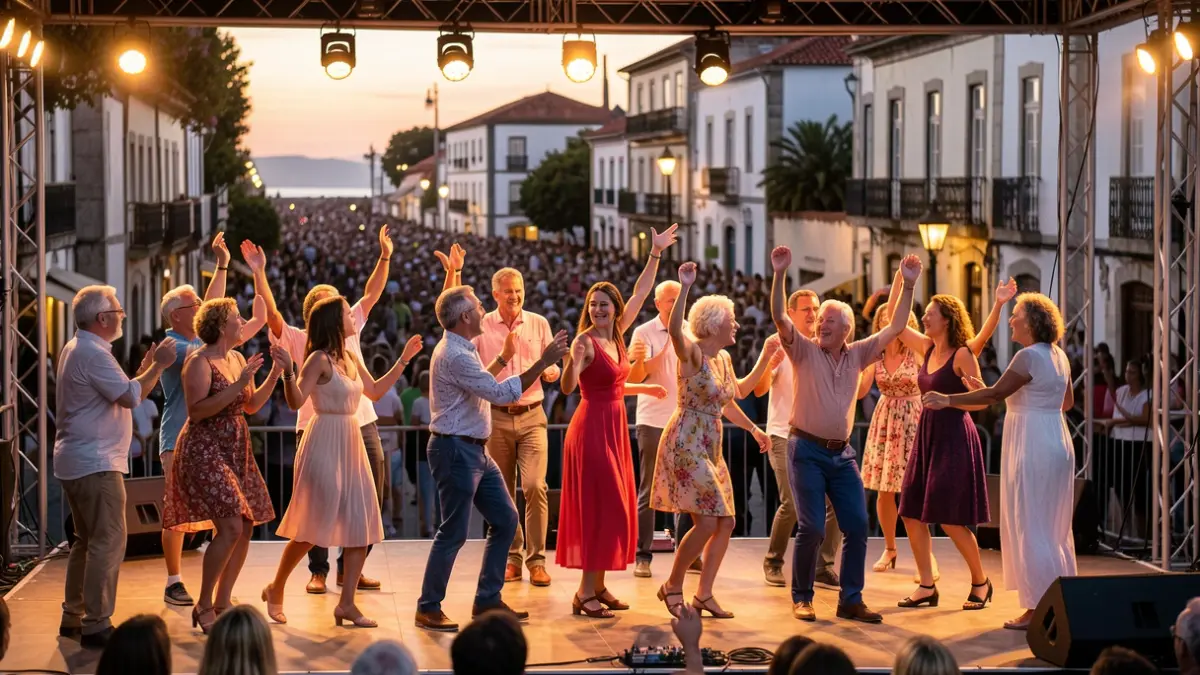 Imagem genérica de um grupo diversificado de pessoas a dançar num palco ao ar livre ao entardecer, com luzes quentes e uma multidão desfocada ao fundo.