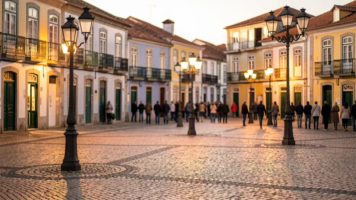 Generic image of a traditional Portuguese square with cobblestone pavement and ornate street lamps, in the evening light.