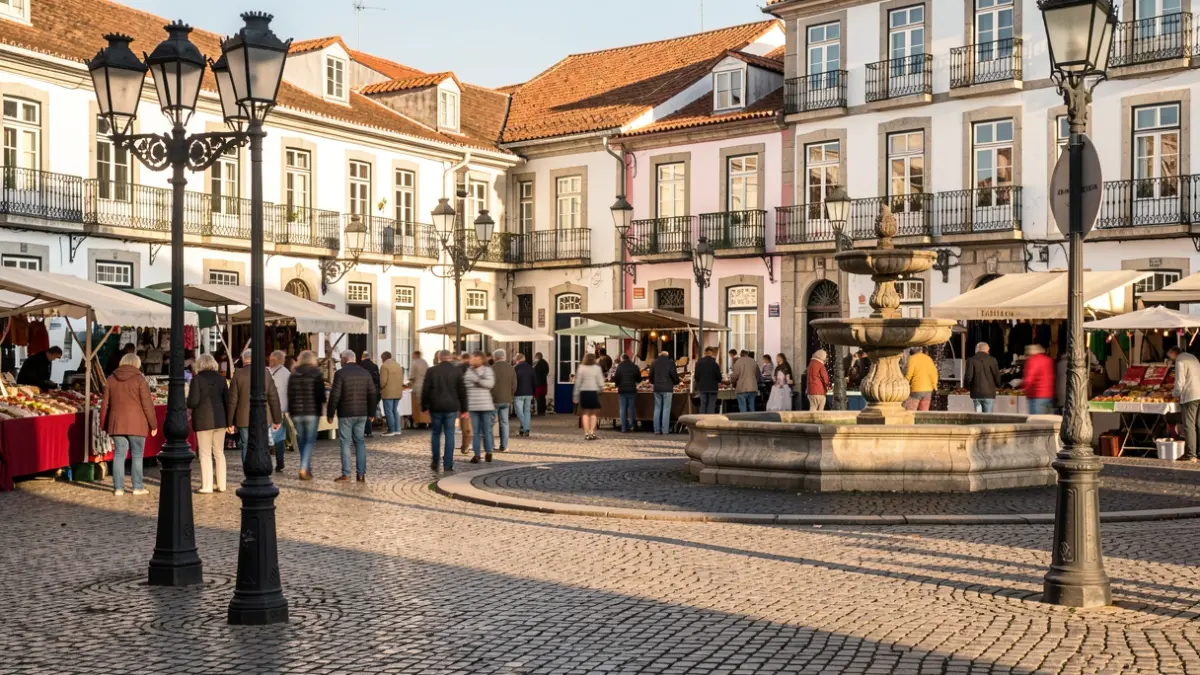 Imagen de una plaza tradicional portuguesa con adoquines, farolas y gente paseando.