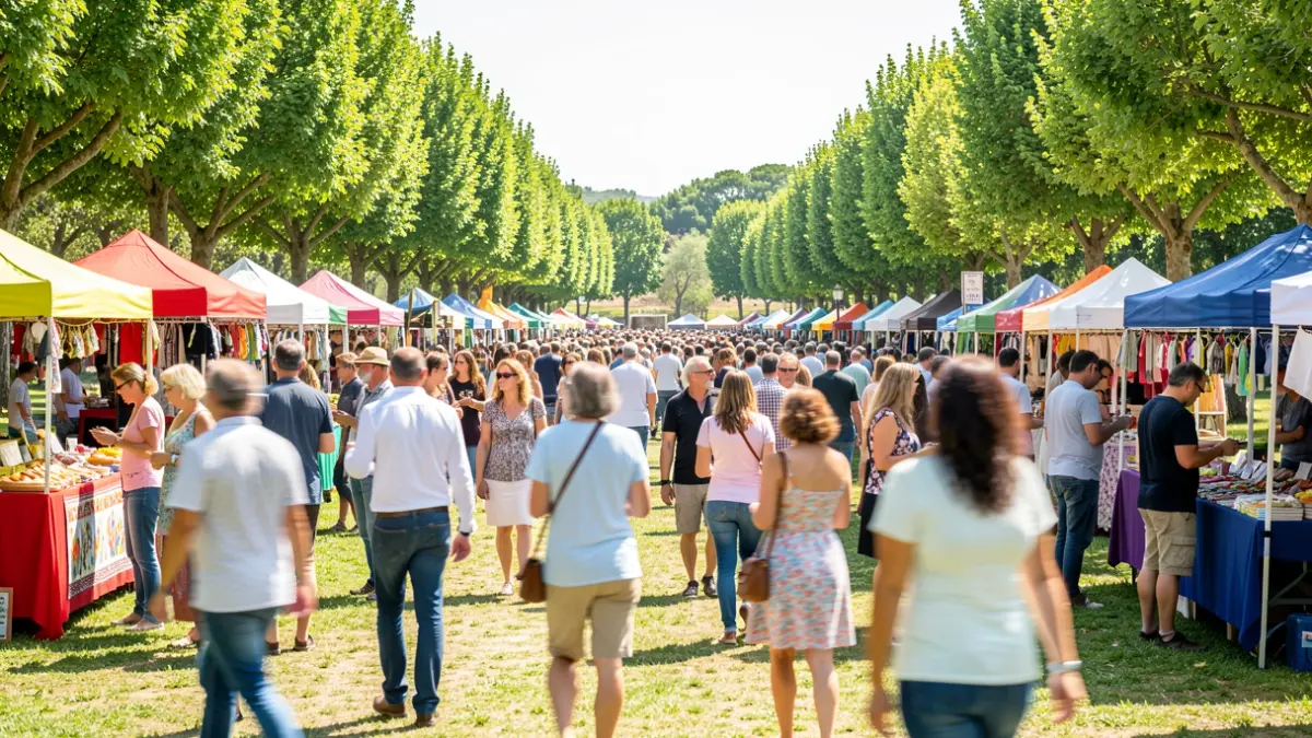 Generic image of an outdoor well-being festival in a Portuguese park, with people, stalls, and nature.